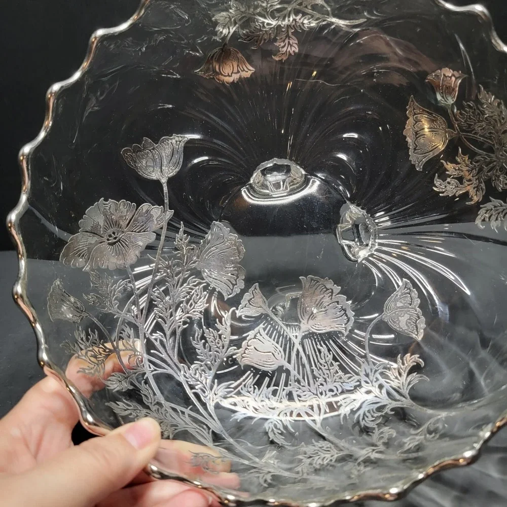Beautiful Silver Overlay 4 Footed Scalloped Edge Round Bowl